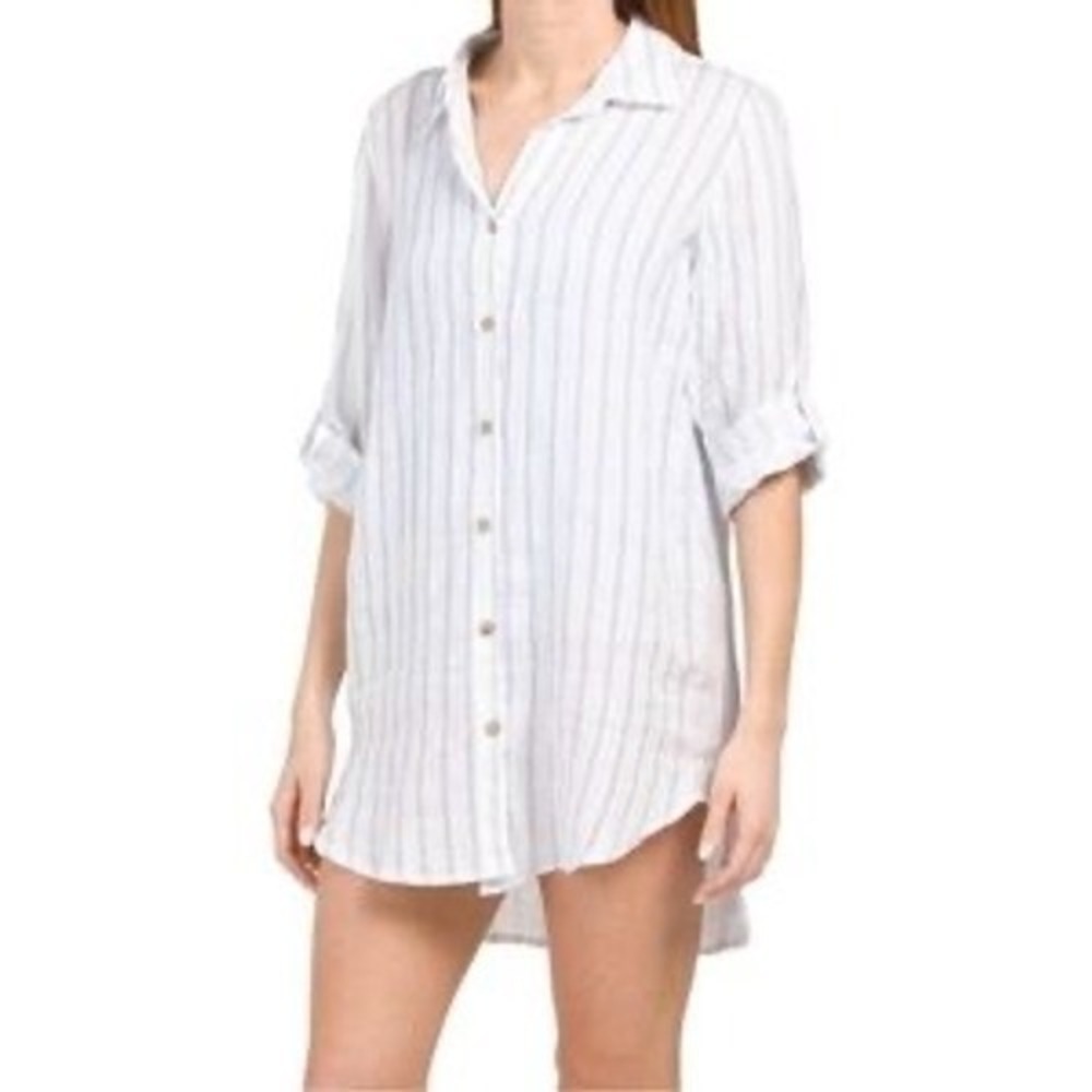 Rosemarine Linen Stripe Shirt Dress Tunic Button‎ Down Midi White Blue M
